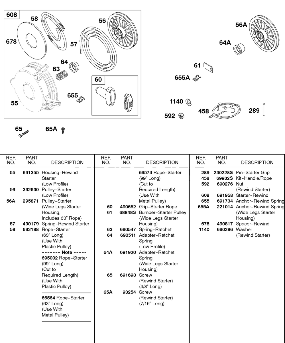 Rewind Starter, Rope Diagram and Parts List for 326431-0129-XX  Briggs and Stratton Engine